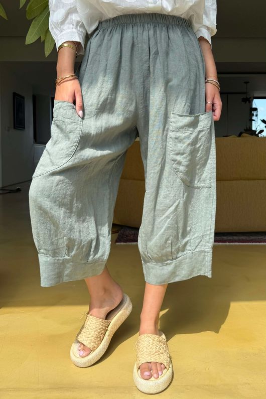 Made in Italy Pure Linen Classic 7/8 Pull On Pant Khaki - 